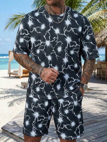 VIVINTIMO Conjunto de camiseta de manga corta de cuello redondo y pantalones cortos con estampado de relámpago para hombres en verano