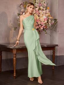 MOTF Soiréza Đầm dạ hội nữ lệch vai, trang trí kim loại, thanh lịch, lãng mạn, mùa xuân/hè. - màu xanh lá - Xem 1