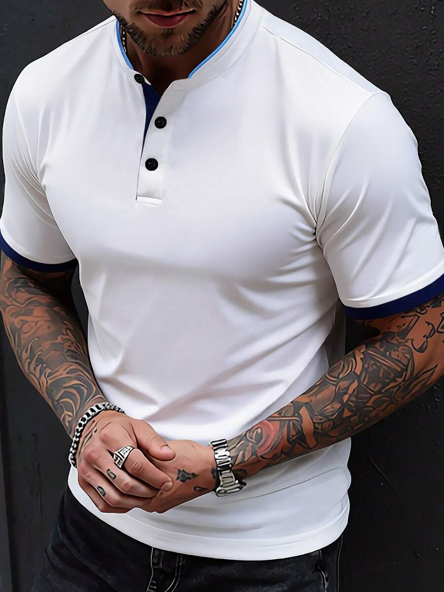 Calvornis 男士拼色 Polo 衫 白色與藍色,夏季休閒度假高爾夫襯衫,短袖正裝襯衫,老錢風 - 白色 - 查看 1