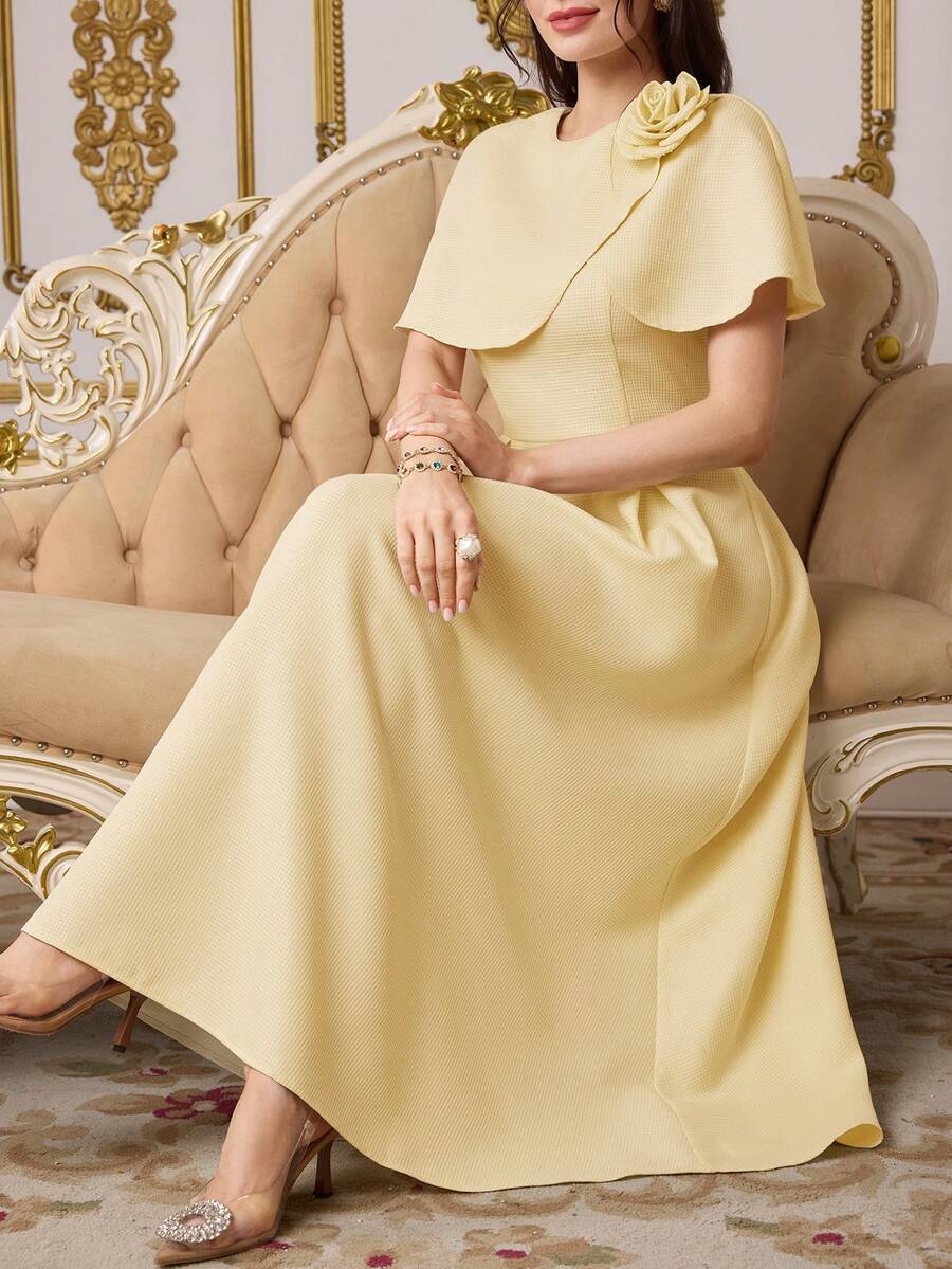 Modelyn Đầm dài nữ đính đá, thắt eo, thiết kế áo choàng, đầm phù dâu, đầm mùa hè. - Vàng nhạt - Xem 1