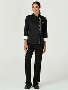 TaskEZ Áo khoác đồng phục đầu bếp dài tay cổ cài cúc phối màu tương phản dành cho nữ, tay lửng (3/4 tay) - màu đen - Xem 4