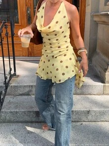 Siren Gaze 女士露背吊带波点衬衫，垂坠下摆，优雅、休闲又浪漫，适合婚礼、花园派对、鸡尾酒会或特殊场合。 - 黃色 - 查看 11