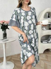 Contrast Color Ruffle Trim Short Sleeve Romantic Floral Print Long Nightgown - Multicolor - View 3