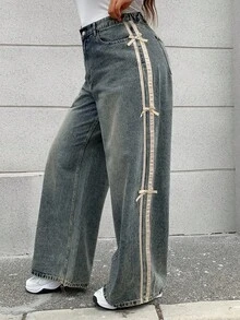 Dazy Plus 拼色蝴蝶结装饰宽松阔腿牛仔裤，休闲女式牛仔裤，四季皆宜 - 中等水洗藍 - 查看 6