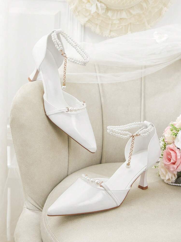 CUCCOO HITCHD Women's Elegant Beaded Chain Decor Pointed Toe Pumps Summer Shoes Wedding Shoes Bride Shoes