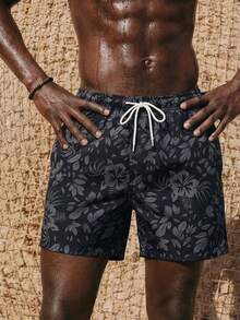 Palasendo Men's Floral Print Casual Beach Shorts Men Black Swim Trunks Black Hawaiian Swim Shorts Men Floral Swim Trunks - Grey - View 1