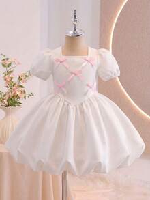 Glamorique Kids 1pc Young Girls' Square Neck Short Puff Sleeve Bowknot Decor Pink Cute Elegant Casual Dress, Suitable For Daily Outing, Travel, Party, Summer, Soft & Comfortable Fabric, 2026 Spring/Summer New Fashion Bubble Dress For Kids Young Girl Dresses Kids Puff Sleeve Dress Charming Kids Dresses White Dress With Pink Bows - White - View 6