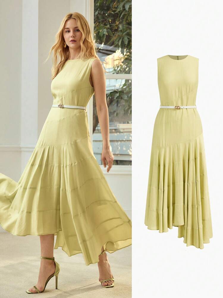 WOMEN'S GREEN PATCHWORK SLEEVELESS ASYMMETRICAL BELT DRESS