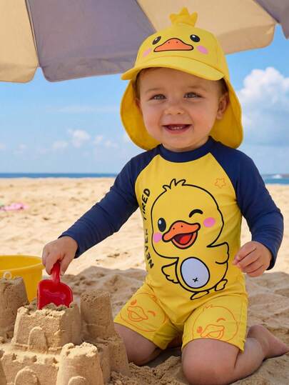 SHEIN Baby Boy/Girl Cute Long Sleeve Cover Up Swimsuit, Suitable For Outdoor, Vacation, Swimming, Hot Spring, Beach, Surfing, Spring/Summer