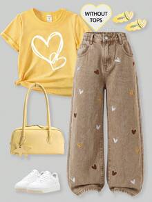 SHEIN ChillGRL 少女水洗杏色复古牛仔裤，心形刺绣设计，直筒阔腿休闲牛仔裤，适合夏季穿着 - 卡其色 - 查看 3