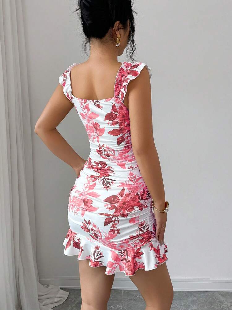 Selianne Vestido camisero con volantes en el hombro y bajo con estampado floral vintage, vestido mini entallado de línea A para el verano, vestido camisero floral elegante y sexy con espalda descubierta al estilo francés, vestido entallado con cintura marcada y bajo con volantes para citas, vacaciones, ir al trabajo, vestido mini entallado con volantes en el bajo para el verano, estilo playa - Rosa - Añade 2