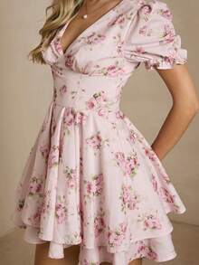 Enchnt Vestido ajustado de manga corta con cuello en V rosa, lindo y dulce - Rosa - Ver 3