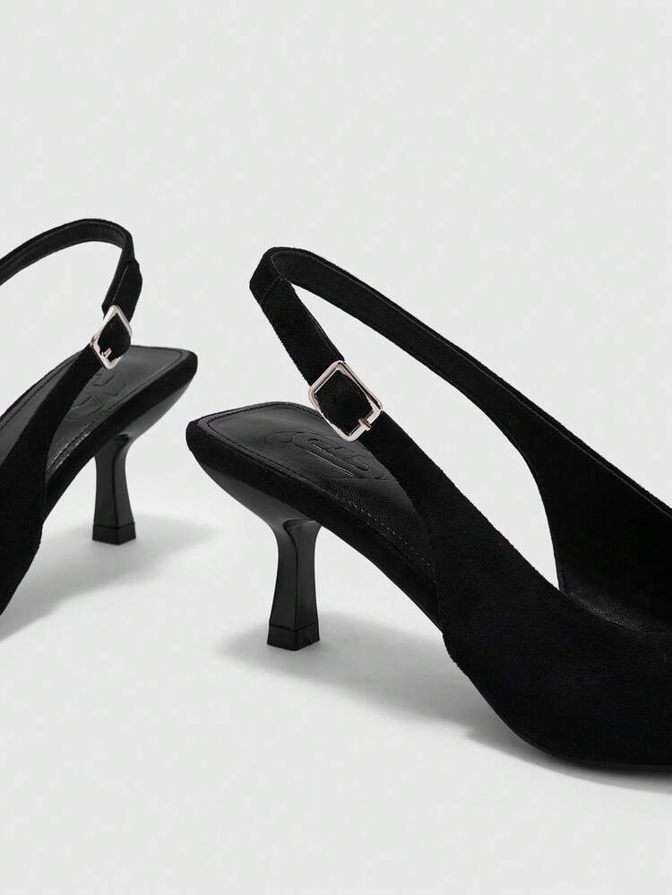 CUCCOO BIZCHIC Women Shoes Spring And Summer New Pointed Thin Heel Medium Heel Black Comfortable Versatile Temperament Elegant Suede Low Vamp Slingback Commuter Dating Daily Wear Solid Color Women's High Heel Shoes