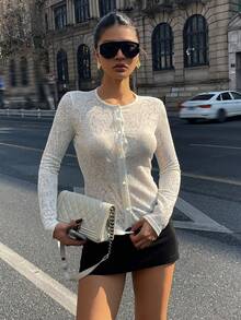 DAZY Stylish Round Neck Long Sleeve Lace Jacquard Loose Cropped Cardigan Blouse For Women - Beige - View 4