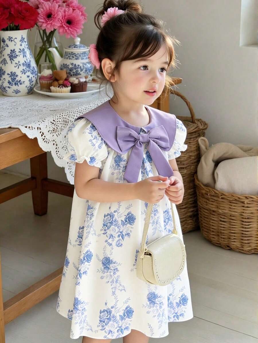 Young Girl Bowknot Floral Pattern Cute Dress - Multicolor - View 1