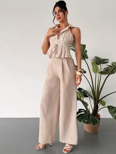 Firerie Women's Elegant Dignified Minimalist Striped Linen-Look Pants, Suitable For Commuting, Daily Wear, Valentine's Day