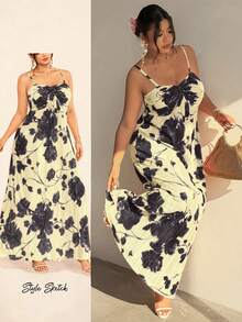 Firerie Đầm maxi xếp ly thanh lịch, lãng mạn dành cho nữ cỡ lớn, kiểu dáng nghỉ dưỡng, họa tiết hoa nhuộm đỏ, dáng chữ A, thắt eo, thích hợp cho đám cưới, đi biển gợi cảm, kỳ nghỉ miền Tây, lễ hội âm nhạc, mùa hè. - Màu tím - Xem 8