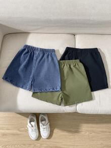 SHEIN Streecool Kids 男童三件套，买一送二：牛仔短裤+休闲梭织短裤，刺绣点缀，适合日常、上学、户外活动、春夏穿着。 - 彩色 - 查看 2