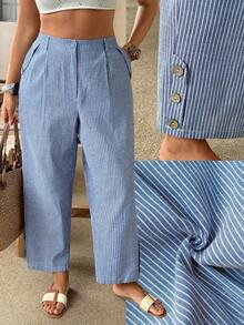 Ceyna 大码女士长款条纹裤，带口袋，优雅长裤，适合工作通勤，夏季女士度假套装，女士休闲裤装，女士春季套装，衬衫裤，女士休闲裤，女士休闲套装，阔腿裤，女士高腰裤，夏季女士长裤 - 藍白色 - 查看 8