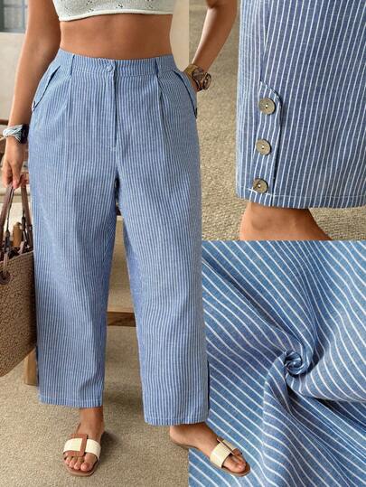 Ceyna Spodnie damskie w dużych rozmiarach, długie, w paski, z kieszeniami, eleganckie, idealne do dojazdów do pracy