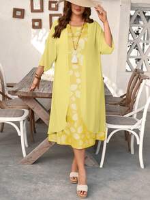 EMERY ROSE Chiffon Mid-Sleeve Jacket & Vintage Floral Print Dress 2-Piece Set, Plus Size Women's Country Style Spring/Summer Outfit - Light Yellow - View 1