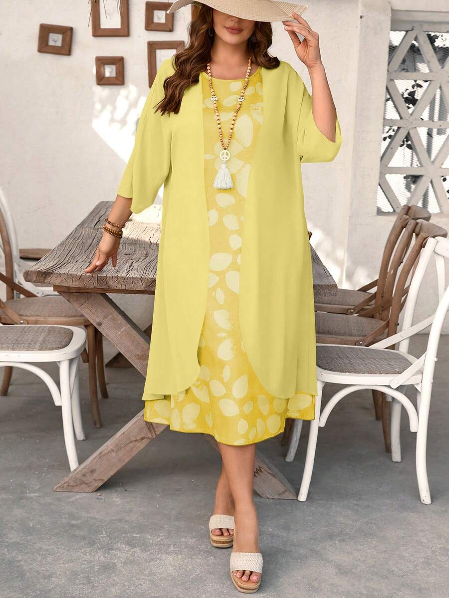 EMERY ROSE Chiffon Mid-Sleeve Jacket & Vintage Floral Print Dress 2-Piece Set, Plus Size Women's Country Style Spring/Summer Outfit - Light Yellow - View 1