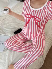SHEIN 粉色条纹蝴蝶结印花短袖长裤女士睡衣套装 - 彩色 - 查看 4