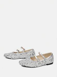 CUCCOO HITCHD 女士亮片套脚鞋，春季新款宽松单扣亮片浅口休闲软底方头鞋 - 銀色 - 查看 3