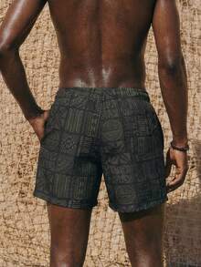 ZELFYO Pantalones cortos de playa para hombre con estampado de palmeras, cintura con cordón y bolsillos - Negro - Ver 2