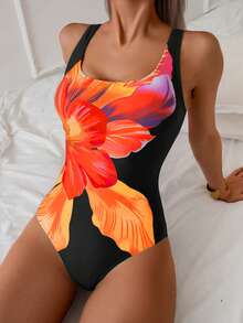 SHEIN Swim Women's One-Piece Multicolor Large Floral Placement Print Round Neck Elegant High Leg Swimsuit, Summer - Orange - View 3