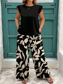 EMERY ROSE Conjunto de 2 piezas para mujer talla grande, blusa de cuello redondo de unicolor y pantalones de pierna ancha con estampado total, uso casual diario - Multicolor - Ver 6