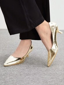 CUCCOO BIZCHIC Zapatos de tacón de aguja de gatito con punta afilada y diseño minimalista para mujer, simples y elegantes para la oficina y el trabajo - Dorado - Ver 4