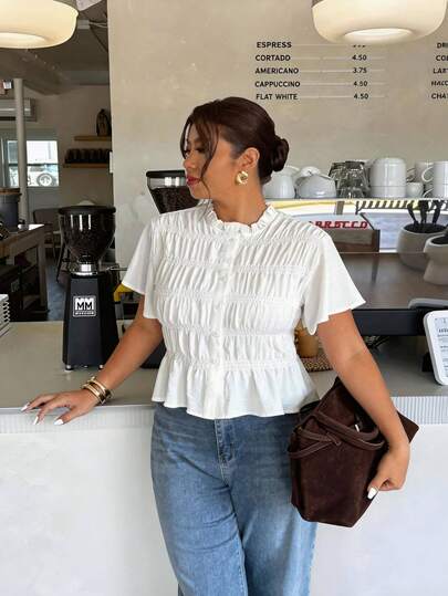 Firerie Plus Size Summer Casual Solid Color Pullover Shirt Spring/Summer Elegant Vacation Blouse Shirt For Women Wedding Guest Blouse For Women Graduation Blouse For Women Festival Outfits For Women Ruched White Top White Short Sleeve Top White Summer Top