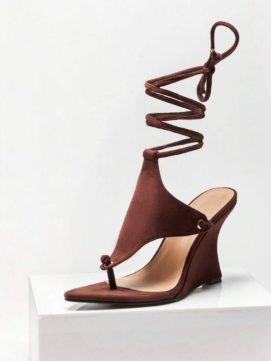 SHUZIA Ladies Thong Style Tie-Up Strap Wedge Sandals - Chocolate Brown - View 1