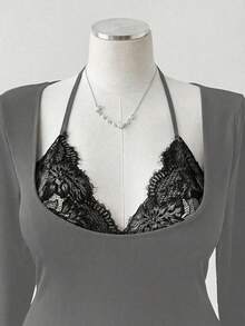 Sunspun 性感蕾丝拼接修身简约长袖T恤 - 灰色 - 查看 4