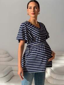 MaterniWear Camiseta de manga corta con cuello en V y rayas para mujeres embarazadas, de verano - Azul - Ver 10