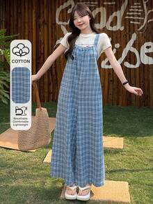 DAZY 女士格子休闲水洗方格印花牛仔背带裤 - 中等水洗藍 - 查看 1