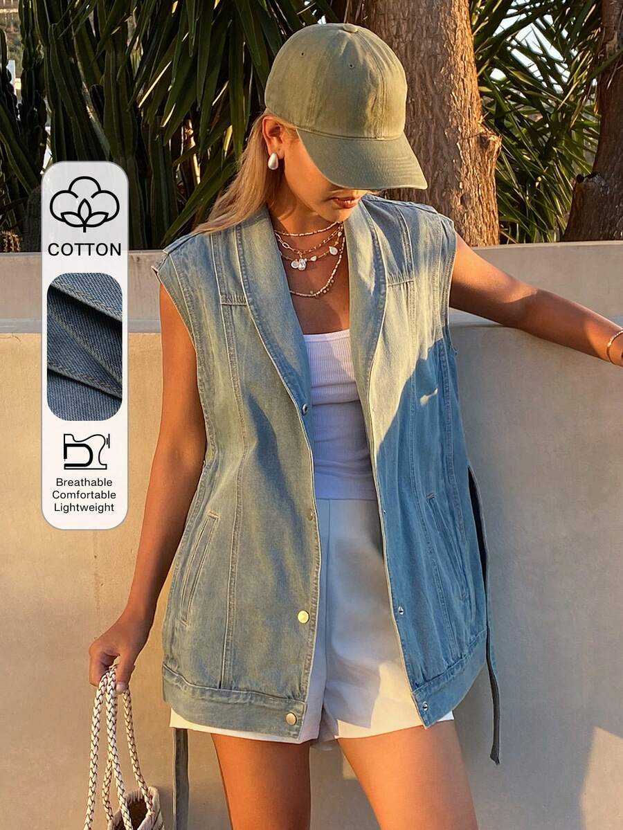 DAZY Chaqueta y abrigo de mezclilla casual con cintura ceñida y sin mangas para mujer - Lavado ligero - Ver 1