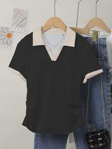 Teen Girl Contrast Trim Retro Classic Apricot Collared Waist Short Sleeve T-Shirt - Multicolor - View 4