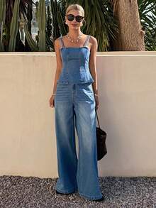 DAZY Bộ đồ nữ đơn sắc tối giản gồm áo hai dây và quần jeans, thích hợp mặc hàng ngày. - Màu xanh lam - Xem 4