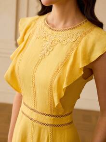 ZEYLAH Linen Hollow Embroidered Lace Patchwork A-Line Dress, Spring/Summer - Yellow - View 2