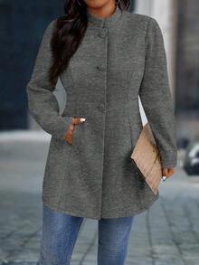 SHEIN PETITE CURVE 大码女式优雅立领带口袋大衣 - 深灰色 - 查看 5