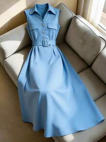 Franclia 女士纯色纽扣优雅收腰长款派对连衣裙 - 藍色 - 查看 2