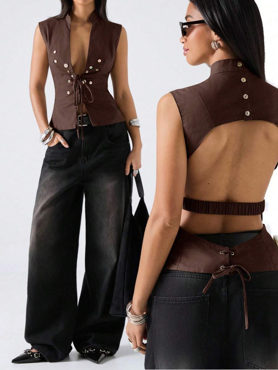 LYSMO 2026 New Minimalist V-Neck Sleeveless Tie-Front Button Decor Summer Vest For Women, Suitable For Outdoor, Work/Business Casual, Office Wear, As Well As Holiday/Boho Occasions - Brown - View 1