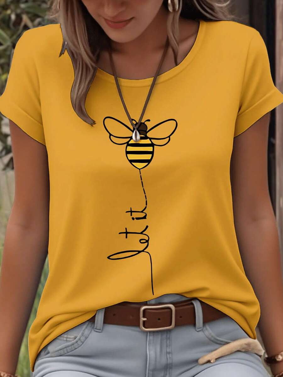 EMERY ROSE Camiseta de manga corta con cuello redondo y estampado animal minimalista para tallas grandes - Mostaza Amarilla - Ver 1