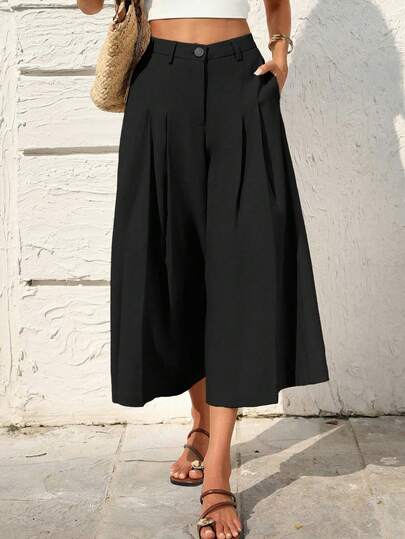 SHEIN Holidaya Women's Casual Linen Capri Pants, Suitable For Leisure, Beach, And Home Wear Pleated Wide Leg Pants Culottes For Women