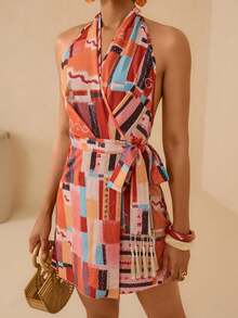 SHEIN Veneréa Women's Halter Backless Allover Print Tie-Waist Elegant Bodycon Mini Dress For Dates & Parties - Multicolor - View 7