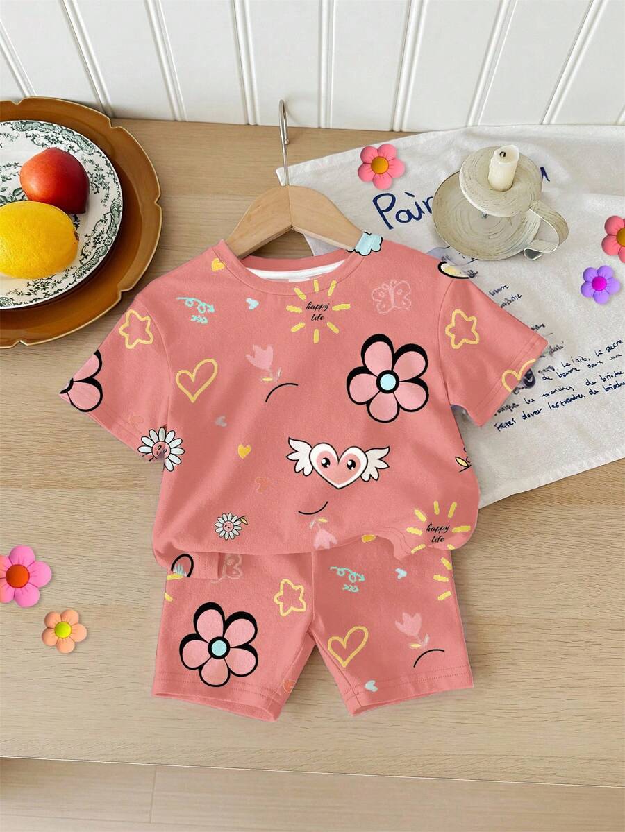 SHEIN LMoss Kids 可爱涂鸦脸花朵爱心印花，女婴休闲宽松圆领短袖T恤和紧身短裤套装，适合春夏假期穿着 - 彩色 - 查看 1