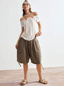 Bohemela Camiseta de mujer color crema blanco de verano estilo boho elegante para vacaciones, con hombros descubiertos, de punto con volantes romanos y detalles de cuentas, top de dos vías, casual y cómodo para la playa - Albaricoque - Ver 3