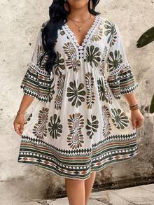 Đầm nữ cỡ lớn mùa xuân/hè in họa tiết hoa, cổ chữ V, kiểu bohemian, tay loe, phối ren, gấu đầm xếp ly, thoải mái, thích hợp cho kỳ nghỉ. - xanh quân đội - Xem 8